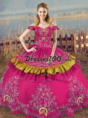 Ball Gowns Quinceanera Gown Fuchsia Off The Shoulder Organza Sleeveless Floor Length Lace Up