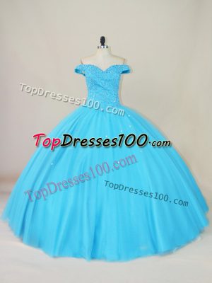 Tulle Off The Shoulder Sleeveless Lace Up Beading 15 Quinceanera Dress in Blue