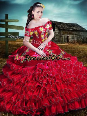 Red Off The Shoulder Neckline Embroidery and Ruffles 15 Quinceanera Dress Sleeveless Lace Up