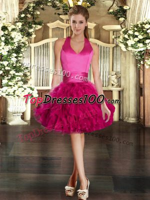 Fuchsia Tulle Lace Up Halter Top Sleeveless Mini Length Prom Party Dress Ruffles