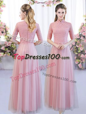 Floor Length Pink Bridesmaid Dresses Tulle Half Sleeves Lace