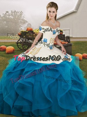 Fantastic Blue And White Off The Shoulder Neckline Embroidery and Ruffles Quinceanera Dresses Sleeveless Lace Up