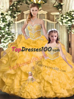 Customized Gold Ball Gowns Sweetheart Sleeveless Organza Floor Length Lace Up Beading and Ruffles 15 Quinceanera Dress
