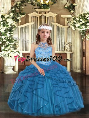 Sleeveless Lace Up Floor Length Beading and Ruffles Kids Pageant Dress