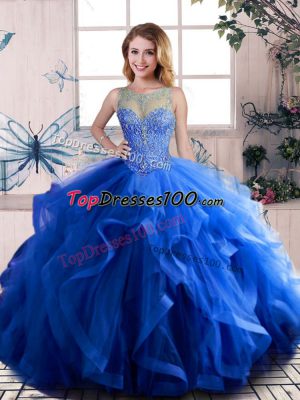 Royal Blue 15th Birthday Dress Sweet 16 and Quinceanera with Beading and Ruffles Scoop Sleeveless Lace Up