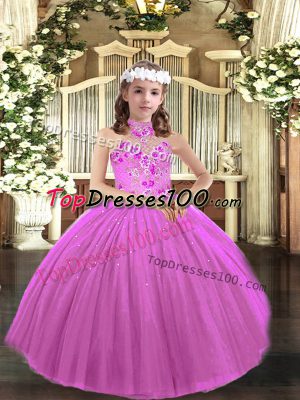 Appliques Child Pageant Dress Lilac Lace Up Sleeveless Floor Length