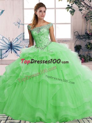 Sleeveless Floor Length Beading and Ruffles Lace Up Sweet 16 Quinceanera Dress with Green