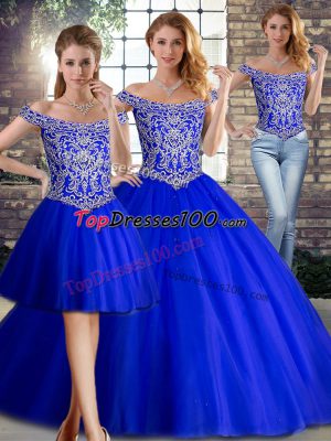Popular Royal Blue Tulle Lace Up 15 Quinceanera Dress Sleeveless Brush Train Beading
