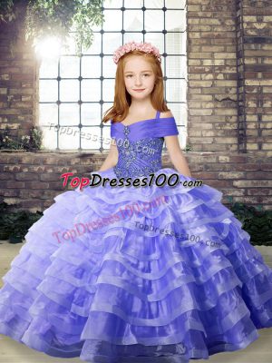 Unique Lavender Sleeveless Organza Brush Train Lace Up Pageant Dress for Teens for Party and Military Ball and Wedding Party