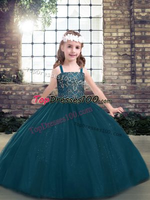 New Style Straps Long Sleeves Kids Formal Wear Floor Length Beading Teal Tulle