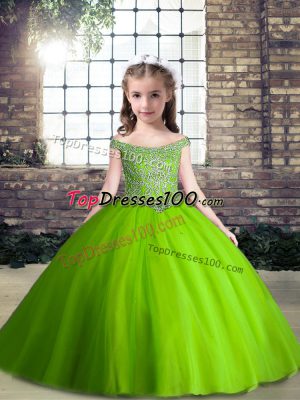 Green Tulle Lace Up Off The Shoulder Sleeveless Floor Length Glitz Pageant Dress Beading