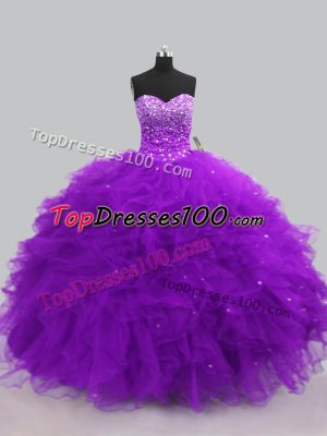 Exceptional Purple Ball Gowns Beading and Ruffles Vestidos de Quinceanera Lace Up Tulle Sleeveless Floor Length