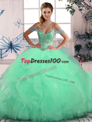 Sumptuous Apple Green Lace Up Off The Shoulder Beading and Ruffles Quinceanera Dresses Tulle Sleeveless