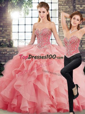 Watermelon Red Two Pieces Beading and Ruffles 15 Quinceanera Dress Lace Up Tulle Sleeveless