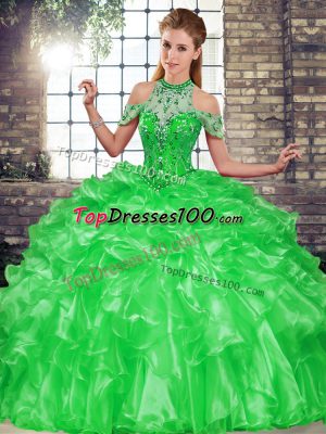 Dramatic Sleeveless Floor Length Beading and Ruffles Lace Up Quinceanera Gown with Green