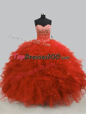 Rust Red Tulle Lace Up Quinceanera Dresses Sleeveless Floor Length Beading and Ruffles