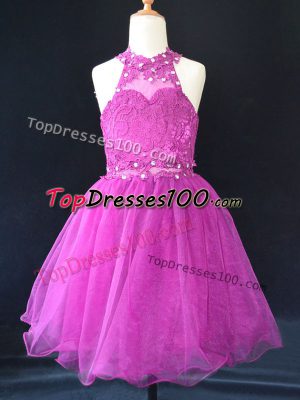 Fuchsia Halter Top Lace Up Beading and Lace Kids Formal Wear Sleeveless