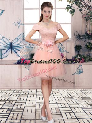 Short Sleeves Lace Up Mini Length Lace and Hand Made Flower Prom Dress