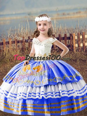 Blue Lace Up Off The Shoulder Embroidery Little Girl Pageant Dress Satin Sleeveless
