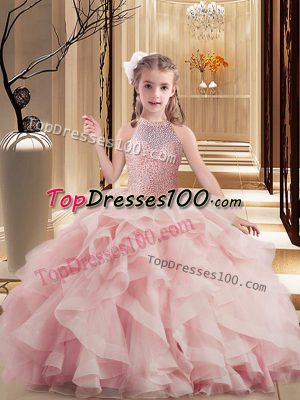 Pink Scoop Neckline Beading and Ruffles Kids Formal Wear Sleeveless Lace Up