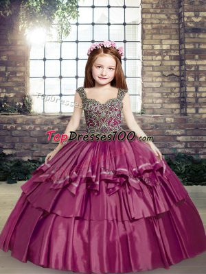 Ball Gowns Little Girls Pageant Gowns Fuchsia Straps Taffeta Sleeveless Floor Length Lace Up