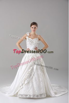 Cheap White Taffeta Lace Up Wedding Gown Sleeveless Brush Train Lace and Embroidery and Hand Made Flower