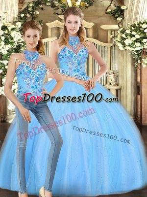 Cute Halter Top Sleeveless 15 Quinceanera Dress Floor Length Embroidery Baby Blue Tulle