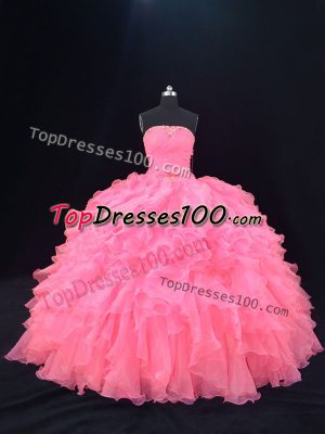 Glamorous Beading and Ruffles 15th Birthday Dress Pink Lace Up Sleeveless Floor Length