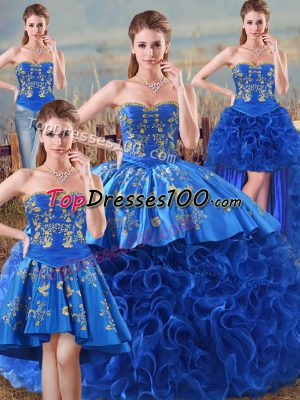Royal Blue Ball Gowns Fabric With Rolling Flowers Sweetheart Sleeveless Embroidery and Ruffles Floor Length Lace Up Quinceanera Gowns