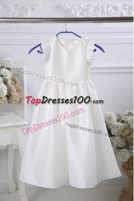Perfect White Empire Satin Scoop Sleeveless Ruching Tea Length Zipper Flower Girl Dress