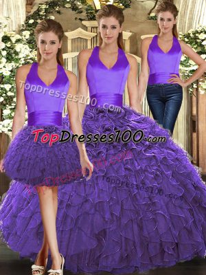 Glamorous Purple Sleeveless Organza Lace Up Quinceanera Dress for Sweet 16 and Quinceanera