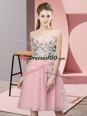 Fashion Pink Bridesmaid Gown Wedding Party with Appliques Sweetheart Sleeveless Lace Up