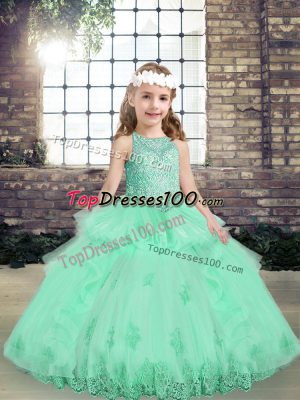 Nice Apple Green Sleeveless Lace and Appliques Floor Length Kids Pageant Dress