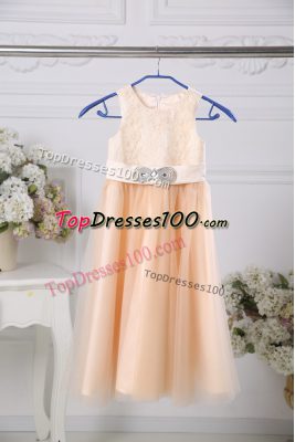 Sleeveless Floor Length Lace and Belt Zipper Flower Girl Dresses for Less with Peach