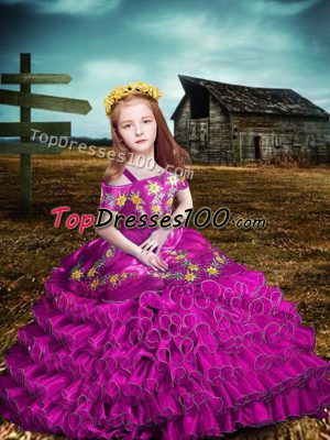 Ball Gowns Girls Pageant Dresses Fuchsia Off The Shoulder Organza Short Sleeves Floor Length Lace Up