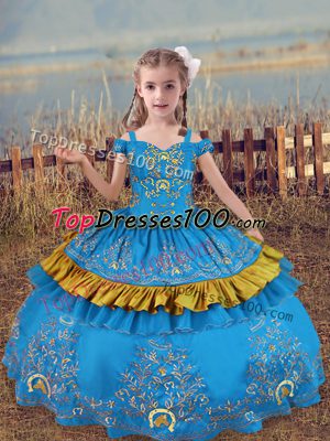 Ball Gowns Little Girls Pageant Dress Wholesale Baby Blue Off The Shoulder Satin Sleeveless Floor Length Lace Up