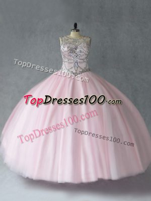 Baby Pink Scoop Lace Up Beading Sweet 16 Dresses Sleeveless