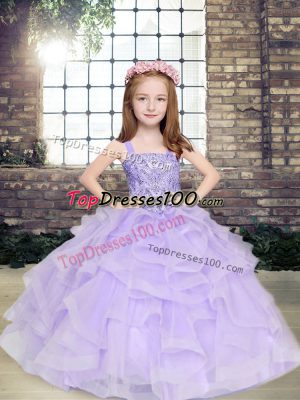 Lavender Straps Neckline Beading and Ruffles Pageant Dress Womens Sleeveless Lace Up