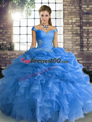 Floor Length Blue Ball Gown Prom Dress Off The Shoulder Sleeveless Lace Up
