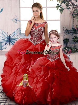 Gorgeous Red Organza Zipper Quince Ball Gowns Sleeveless Floor Length Beading and Ruffles