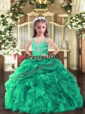 Green Organza Lace Up Little Girls Pageant Dress Sleeveless Floor Length Beading and Ruffles