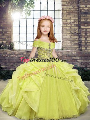 Perfect Floor Length Yellow Green Kids Pageant Dress Organza Sleeveless Beading and Ruffles