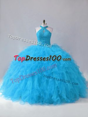 Artistic Tulle Halter Top Sleeveless Lace Up Beading and Ruffles Vestidos de Quinceanera in Blue