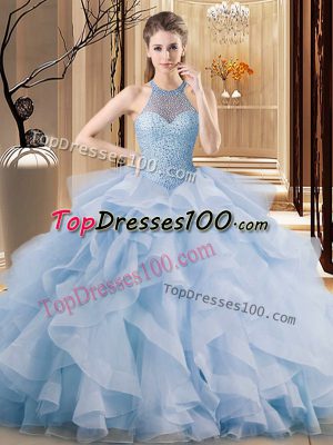 Exquisite Blue Halter Top Lace Up Beading and Ruffles Ball Gown Prom Dress Brush Train Sleeveless