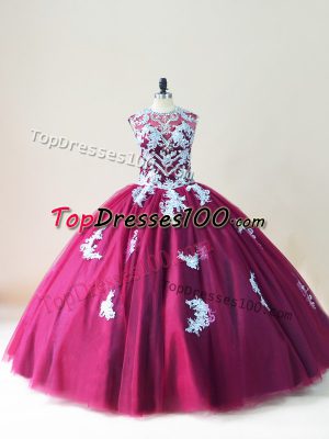 Amazing Burgundy 15 Quinceanera Dress Sweet 16 and Quinceanera with Beading and Appliques Scoop Sleeveless Lace Up