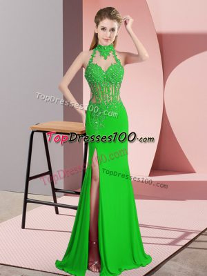Sleeveless Floor Length Lace and Appliques Backless Prom Dress with Green