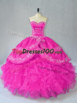 Sexy Fuchsia Vestidos de Quinceanera Sweet 16 and Quinceanera with Embroidery and Ruffles Sweetheart Sleeveless Lace Up