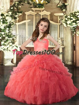 Hot Sale Sleeveless Tulle Floor Length Lace Up Winning Pageant Gowns in Coral Red with Ruffles