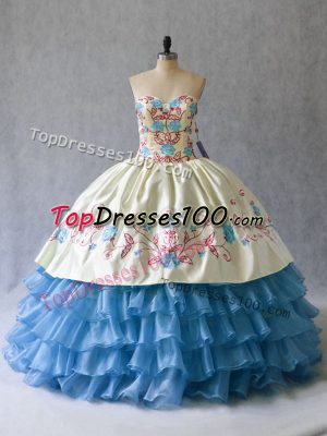 Blue And White Ball Gowns Sweetheart Sleeveless Satin and Organza Floor Length Lace Up Embroidery and Ruffled Layers Sweet 16 Dresses