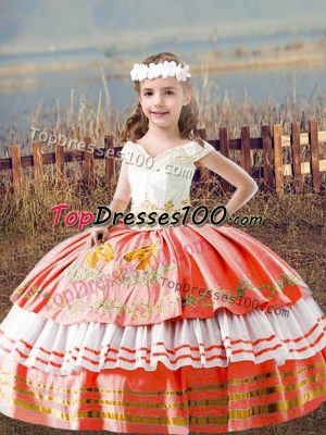 Custom Made Orange Red Ball Gowns Off The Shoulder Sleeveless Satin Floor Length Lace Up Embroidery Little Girl Pageant Gowns